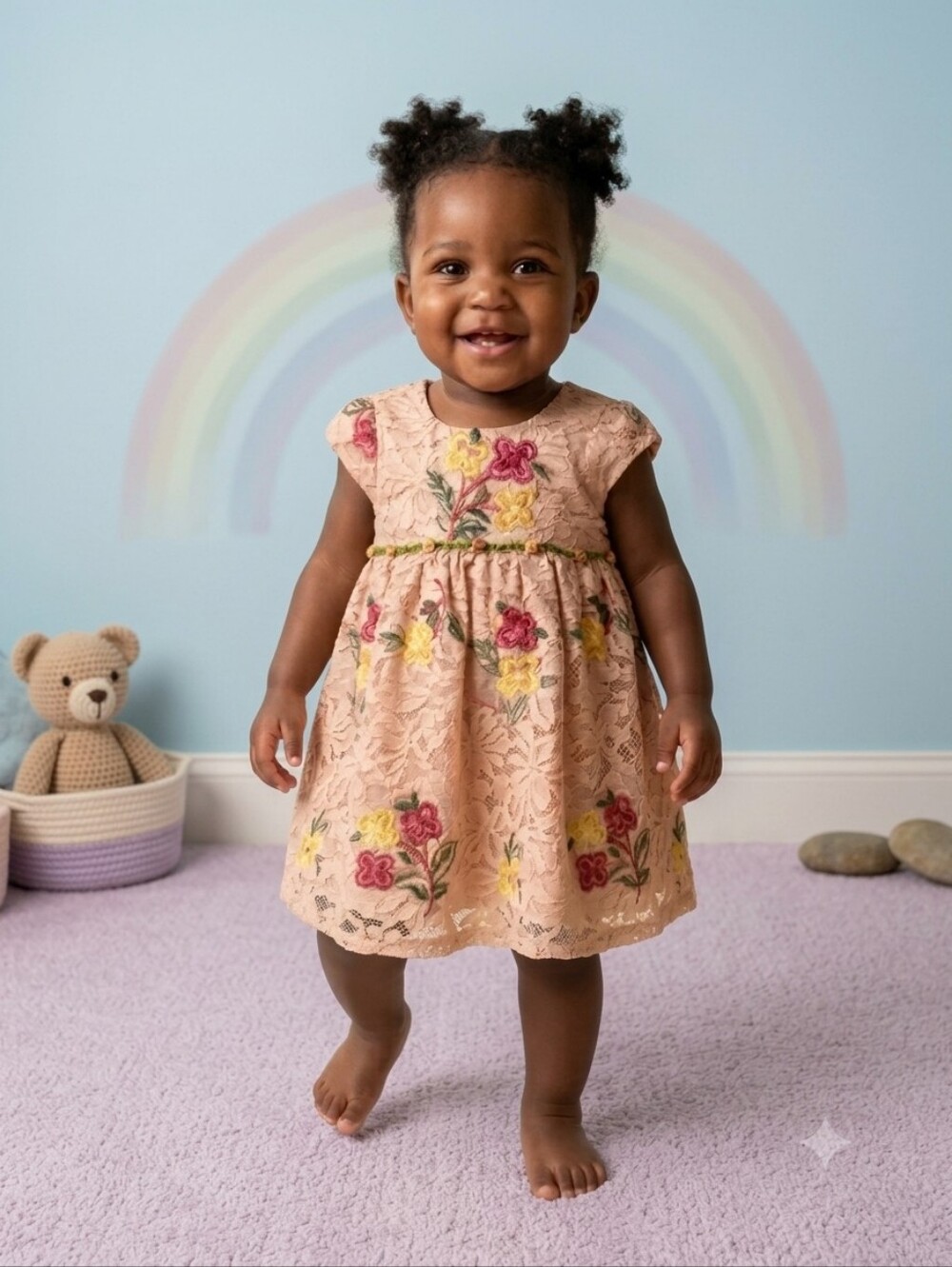 Laura Ashley Blush Lace Dress w/ Multicolor Floral Embroidery, Size 12m, EPreLC